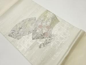 地紙に松・菊・花々模様織出し開き名古屋帯（額縁仕立て）